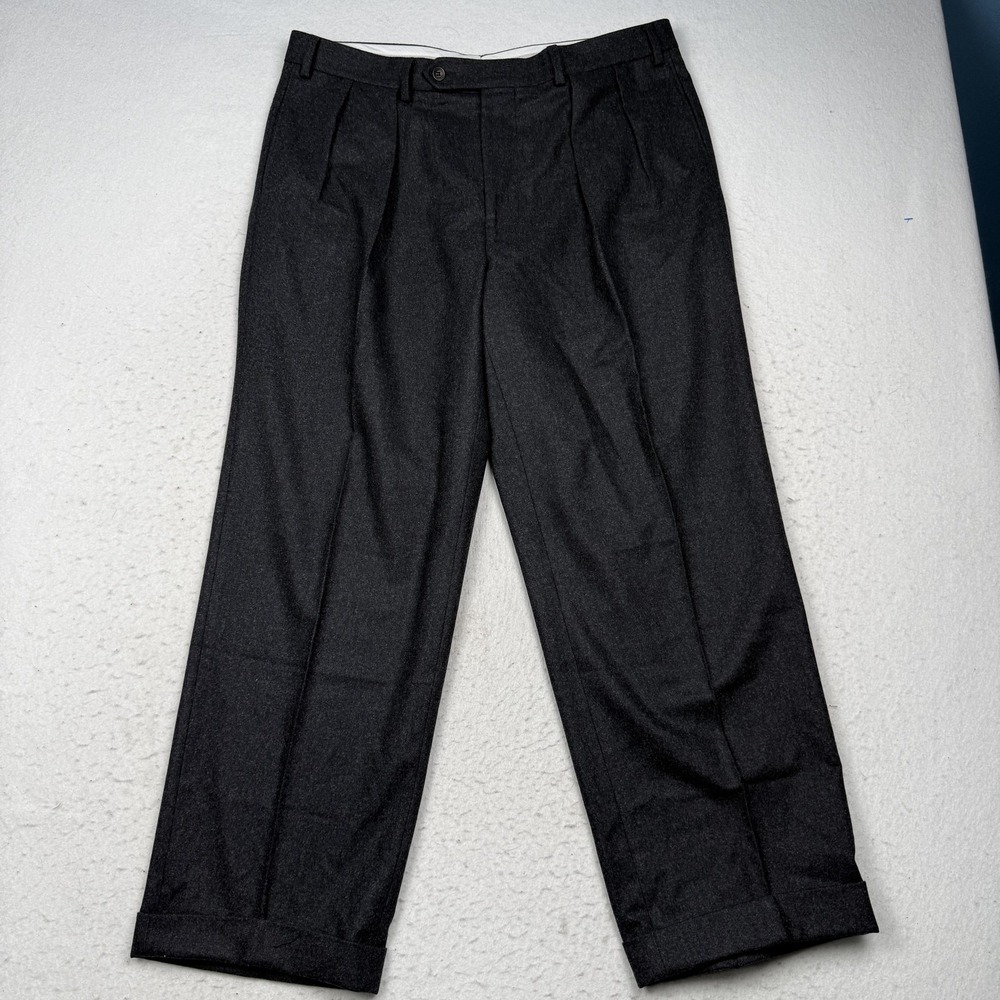 Samuelsohn Dress Pants Mens 38x29 Gray Super 100s Wool Pleated Cuffed Flannel